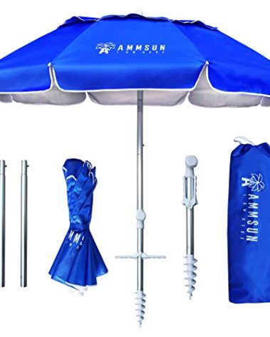 AMMSUN 6ft Folded Portable Travel Beach Umbrella with Sand Anchor Tilt Air vent UPF 50+UV Protection Fit In Suitcase Compact Foldable Telescopic umbrellas for Patio Garden Beach Pool Blue