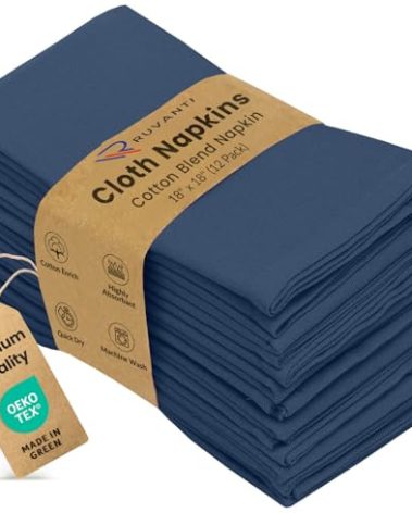 Ruvanti Cloth Napkins Set of 12, 18x18 Inches Napkins Cloth Washable, Soft, Durable, Absorbent, Cotton Blend. Table Dinner Napkins Cloth for Hotel, Lunch, Restaurant, Weddings, Parties -Ocean Blue