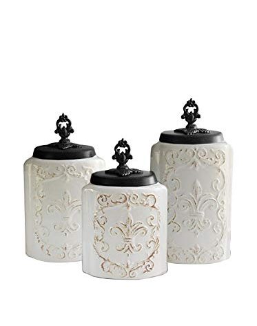 American Atelier Fleur de Lis White Canister Set 3-Piece Ceramic Jars in 84.5oz, 74.5oz, & 60oz Designed w/ Airtight Stainless Steel Lids for Cookies, Candy, Coffee, Flour, Sugar, Rice, Pasta, Cereal