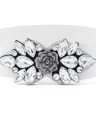 Wriidy Rhinestone Stretch Belt Wide Formal Belt White Women Fashion Belts Elastic Dressy Waist Accessories