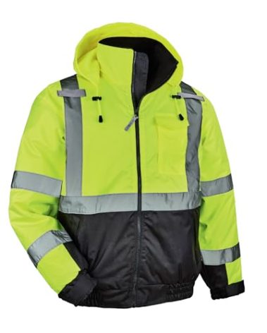 Ergodyne Unisex Adult Hi Vis Safety GloWear 8377 Type R Class 3 Lime Quilted Bomber Jacket, Medium, Lime, Medium US