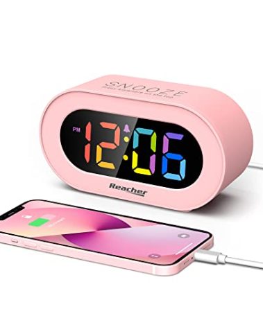 REACHER Pink Girls Alarm Clock, Dimmable Colorful LED Digital Display, USB Phone Charger Port, Simple Operation for Kids, Adults, Adjustable Volume, Snooze, Small Size for Bedrooms, Bedside, Desk