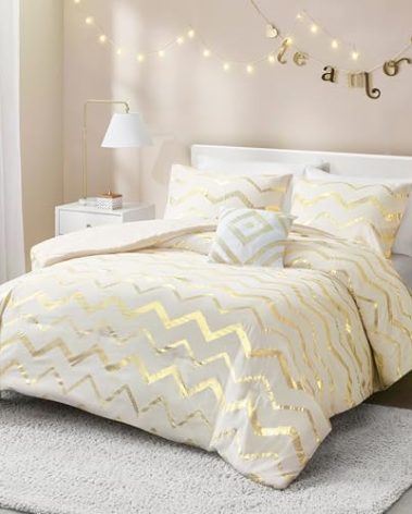 Codi White and Gold Bed Comforter Set, Cute Queen and Full Size Golden Teen Girls Bedding, 4 Pieces - All Seasons Warm