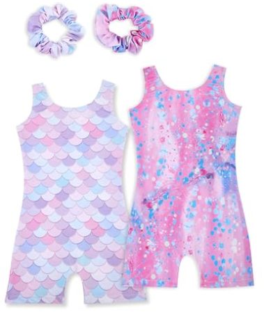 Tstiti Gymnastics Leotards for Girls 2 Pack Sparkly Kids Biketards Dance Unitards Matching Hair Scrunchies Mermaid Spots 9-10 Years