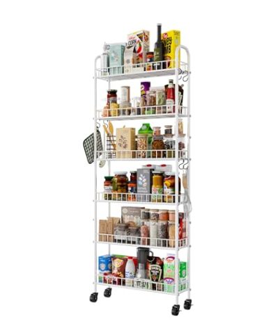 Qiaoxuan 6 Tier Slim Rolling Storage Cart with Wheels, Metal Mobile Shelving Unit Organizer Utility Cart for Office Bathroom Kitchen Laundry Room Narrow Places (White 6 Inches)