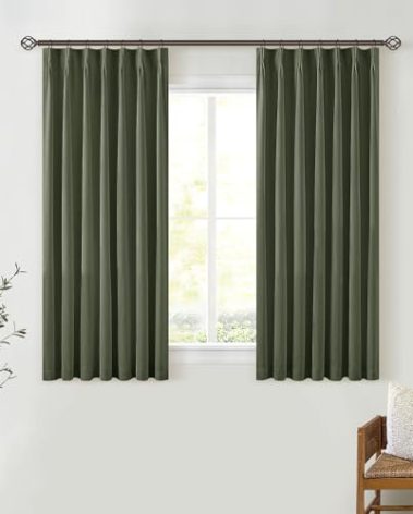 Olive Green Linen Blackout Curtains 45 Inch Length 2 Panels Pinch Pleated Back Tab Short Curtains for Kitchen with 100% Blackout Liner Neutral Farmhouse Drapes for Basement Thermal Insulated Drape