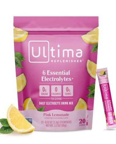 Ultima Replenisher Daily Electrolyte Powder – Pink Lemonade, 20 Stickpacks – Zero Sugar Hydration Packets with 6 Electrolytes and Minerals – Sugar Free, Plant Based & Keto Friendly Drink Mix
