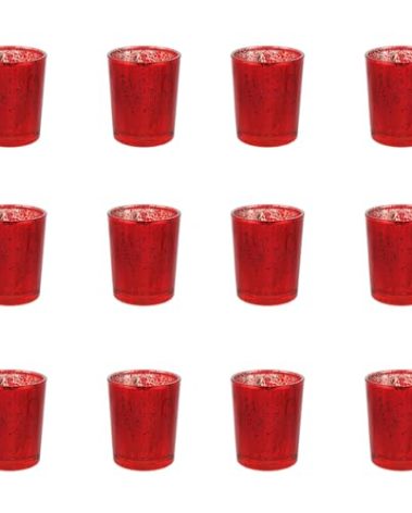 BTGLLAS 12pcs Red Glass Tea Light Holders - Votive Candle Holders Bulk for Weddings Events - Glass Votives for Wedding Centerpieces, Christmas, Thanksgiving - Candle Accessories Decor (12, Red)