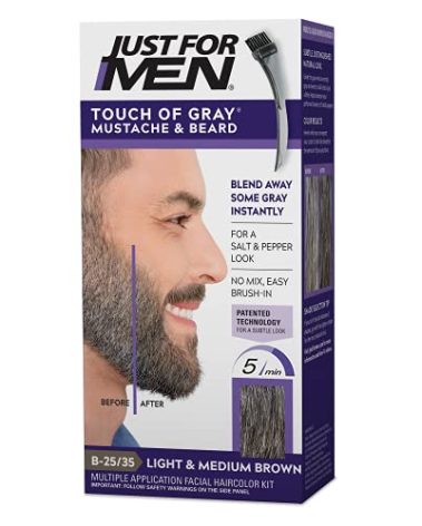 Just For Men Touch of Gray Mustache & Beard, Beard Coloring for Gray Hair with Brush Included for Easy Application, Great for a Salt and Pepper Look - Light & Medium Brown, B-25/35, Pack of 1
