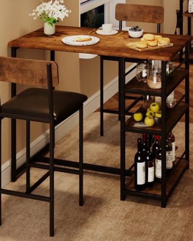 IDEALHOUSE Dining Table Set for 2, Counter Height Kitchen Table and Chairs, Bar Table Set with 2 Upholstered Bar Stools, 3 Piece Dining Room Table Set for Small Space, Apartment, Retro Brown