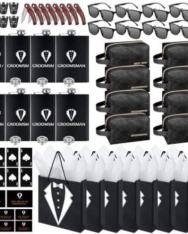 80Pcs Groomsmen Gifts Groomsmen Proposal Box with Flasks Sunglasses PU Leather Toiletry Bag Bottle Opener for Wedding Groomsman Best Man Gift (80, Black)