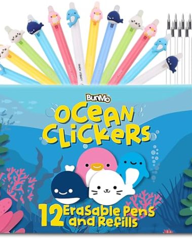 BUNMO 12 Cute Erasable Gel Pens with 12 Black Ink Refills - Multicolor Animal Pens for Kids - Make Mistakes Disappears, Fine Point for School and Journaling
