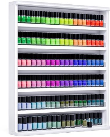 Kikihouse Wood Nail Polish Rack, Wall Mount Nail Polish Organizer, 6 Layers Nail Salon Storage Display Shelves Perfume Bottles Essential Oil Holder w/Acrylic Baffle, White