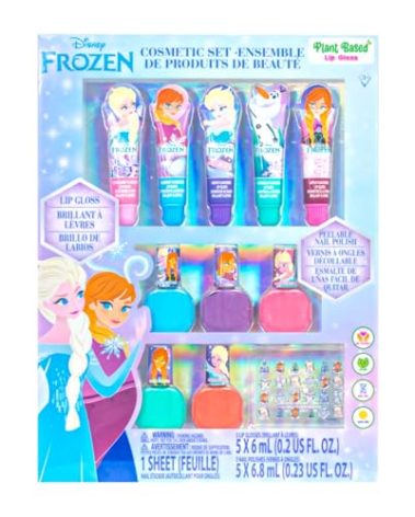 Disney Frozen 2 Super Sparkly Cosmetic Makeup Set for Girls with Lip Gloss Nail Polish Nail Stickers 11 Pcs Perfect for Birthday Gift Age 3+ by Townley Girl