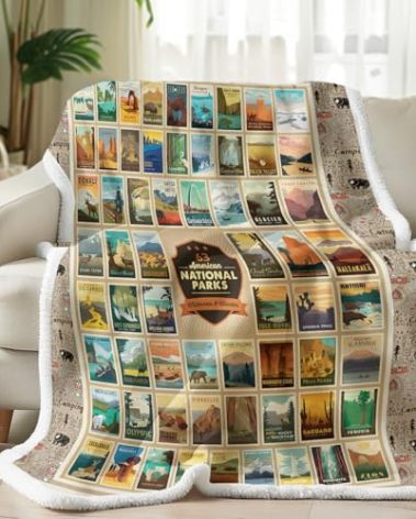 MILANKET Map Fleece Blanket for Couch Sofa Travel, American National Park Throw Blanket Soft Thick Plush Animal Bear Blanket for Kids Boys Girls Teens Adults 50x60 Inches