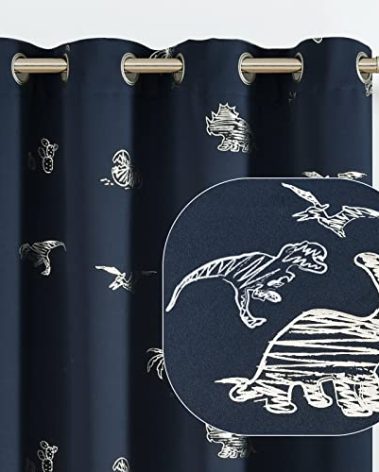 Vangao Kids Curtains Navy Blue Blackout Dinosaur Curtains for Boys Kids Nursery Girls Room Silver Dino Foil Print Thermal Insulated Drapes Grommet Top Window Treatments 84 Inches Length 2 Panels