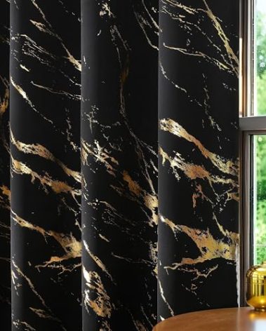 WUBODTI Black and Gold 100% Blackout Curtains for Bedroom Living Room, Extra Long Grommet Black Gold Marble Patterned Curtains Modern Luxury Art Thermal Insulated Drapes 108 Inch Length 2 Panels Set