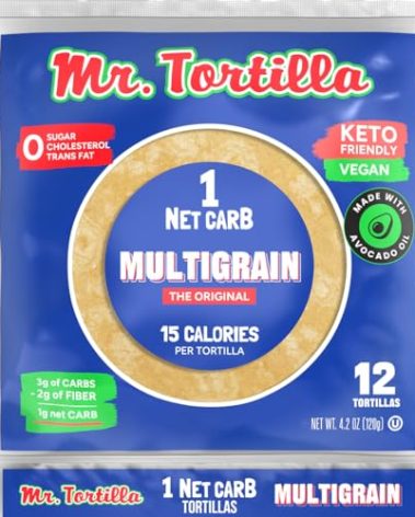 Mr. Tortilla Low Carb Tortilla Wraps - Keto Tortillas with Avocado Oil - Street Taco Size - 1 Net Carb per Serving - Low Calorie Keto Wraps - Low Carb Tortillas - (Multigrain, 12 Count)