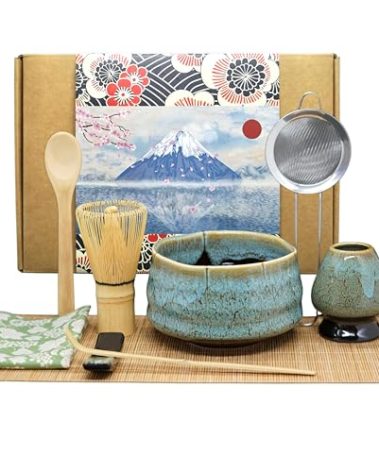 Annie & Mia Design Matcha Whisk Set (9pcs), Japanese Tea Matcha Set includes Ceramic Matcha Bowl, Bamboo Matcha Whisk (Chasen), Ceramic Whisk Holder, Bamboo Matcha Scoop (Chashaku), Blue