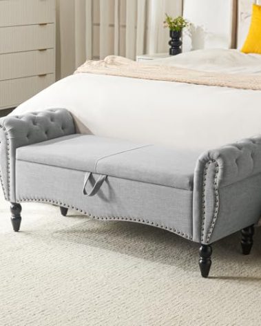 Furniliving 51.75" Storage Ottoman Bench for Living Room, Modern Bedroom Benches with Rolled Arm Upholstered End of Bed Bench Shoe Storage Indoor Bench with Wood Legs Entryway Bench, Grey, Linen