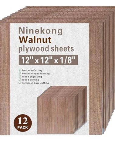 12 Pack Black Walnut Plywood Sheets 1/8",12x12x1/8 inch Plywood Sheets,3mm Walnut for Laser Cutting,Laser Engraving Blanks,Drawing & Painting,Thin Natural Unfinished Wood for Crafts,Scroll Saw Cutting