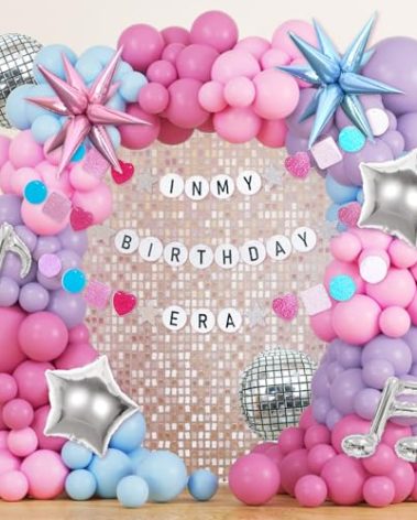 JOGAMS 184Pcs Silver Blue Pink and Purple Balloon Arch Kit with In My Birthday Era Banner Star Music Note Disco Ball Balloons for Friendship Songstar Fans Prom Karaoke Princess Theme Birthday Party