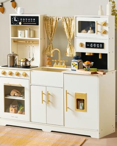 Tiny Land Play Kitchen for Kids, Toy Kitchen Set with Plenty of Play Features, New Modern Kids Wooden Play Kitchen Designed in Trendy Home Style with Curtains, Gift for Ages 3+