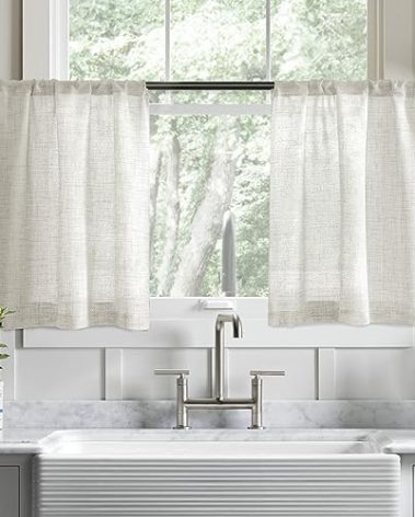 MEETBILY Cream Linen Kitchen Cafe Curtains 24 Inch Length Farmhouse Boho Semi Sheer Rod Pocket Light Filtering Short Curtains for Basement Bathroom Small Half Window, 2 Panels, 30" W x 24" L