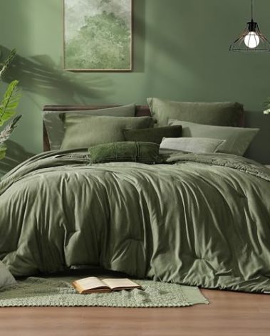 Monbix Queen Comforter Set - 7 Pieces Cationic Dyeing Olive Green Bed in a Bag Queen Bedding Sets with Comforter, Sheets, Pillowcases & Shams, Reversible Bedding Comforters Sets