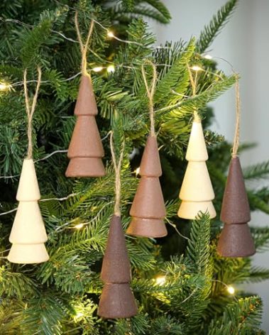 Vercraft 12 Pcs Neutral Foam Christmas Trees Mini Wood-Like Christmas Trees Simplistic & Vintage Tree Shaped Hanging Ornament for Rustic Farmhouse Style Xmas Holiday Decoration