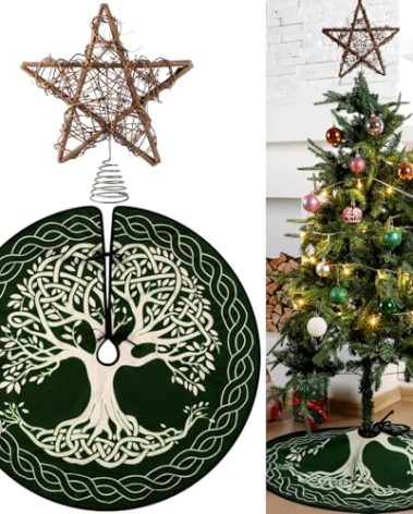 Vertintong 2 Pcs Yule Christmas Tree Topper and 36'' Tree Skirt Set Rustic Star Treetop Pagan Winter Solstice Ornament Rattan Christmas Decor for Yuletide Xmas Decorations