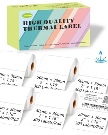 Lemketan 50mm x 30mm Thermal Labels, 1.97''x1.18'' Label Maker Tape Refill, Weatherproof & Tear-Resistant Thermal Stickers Compatible for Phomemo M110, Supvan T50M Pro [300 Labels/Roll x 6]