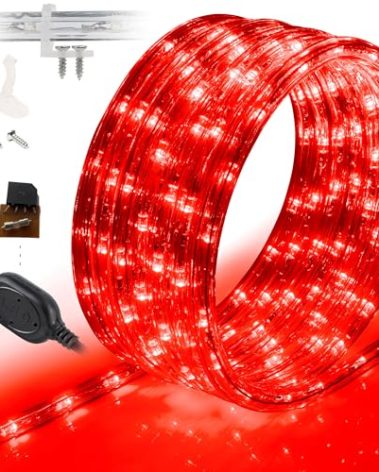 WYZworks 576LEDs 50ft LED Outside Rope Lights, Outdoor ETL Certified Waterproof Permanent 360 Degree Light Emitting, Flexible Tube, Connectable, Christmas Palm Tree Exterior Landscape, Red