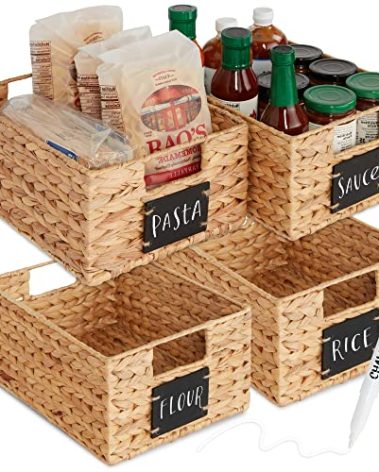 Best Choice Products Set of 4 9x12in Water Hyacinth Pantry Baskets, Woven Organizers w/Chalkboard Label, Chalk Marker - Natural