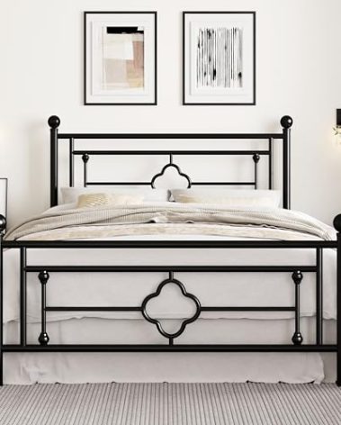 SHA CERLIN 14 Inches Queen Size Metal Platform Bed Frame/Vintage Iron-Art Headboard and Footboard/Mattress Foundation for Storage/No Box Spring Needed/Noise-Free/Easy Assembly/Black