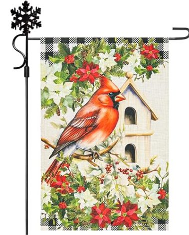 Vigor Home Christmas Cardinal Red Bird Garden Flag Double Sided 12×18 Inch,Small Vertical Birdhouse Holiday Burlap Yard Flags for Outside Decoration