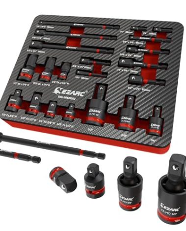EZARC 21PCS Impact Socket Adapter Set, Includes CR-MO Universal Swivel Socket Set, CR-MO Impact Couplers, CR-V Reducers, CR-V Hex Extension Bits, Square Drive Sockets, 1/4", 3/8", 1/2" Drive