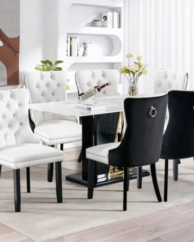 SoarFlash Leather Dining Chairs Set of 6, Tall Back Side Chair, Modern Upholstered Side Chair with Button Back Ring, Solid Wood Legs (Black&White)