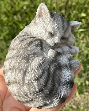 Basuo-9Q Lifelike Mini Gray Tabby Resin Cat Figurine - Hand Painted Sleeping Kitten Sculpture Feline Kitty Memorial Statue for Pet Loss, Garden, or Desk Decor
