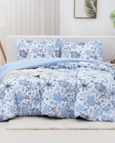 Mooreeke Floral King Size Comforter Sets, Lightweight Blue Botanical Flower Printed Bedding for All Seasons, 3-Piece Vintage Bed in a Bag with Fluffy Quilted Reversible Comforter & 2 Pillow Shams