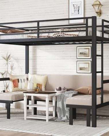 Full Over Full Bunk Bed for Adults, Heavy Duty Bunk Bed can Turns into Full Size Loft Bed with U-Shaped Sofa, Adults Bunk Bed with Safety Rails and Side Ladder, Black(Not Include Cushion)