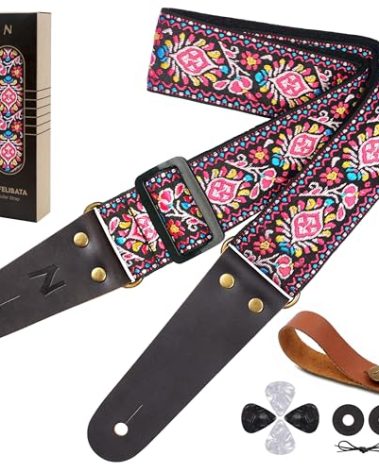 Nefelibata Guitar Strap, Vintage Embroidered Cotton Guitar Straps with Head Cowhide Leather Ends for Bass, Electric & Acoustic Guitars, with Free Strap Button, 1 Pair Strap Locks and 4 Guitar Picks