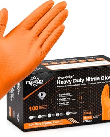 TitanFlex Heavy Duty Orange Nitrile Gloves, 6 Mil, Raised Diamond Texture, Mechanic Disposable Gloves, Latex Free Powder Free