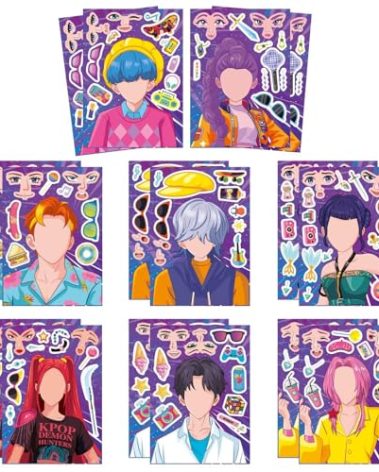 JCQAYB 16pcs Make a face Demon Movie Hunters Stickers,Huntrx, Saja Boys, Jinwoo, Rumi, Tiger, Zoeystery Make Your Own Sticker for Kids Teens Party Decoration, Reward, Decor