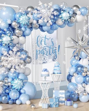 Snowflake Balloon Arch Kit, Pastel Blue White Metallic Silver Balloons Clear Snowflake Balloons for Christmas Baby Shower Birthday Party Decorations