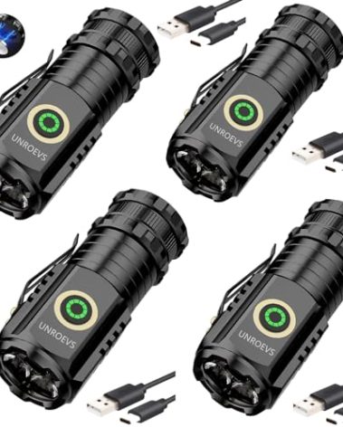 UNROEVS Mini Flashlight 2550 Lumens Rechargeable USB C Charging, Small High Lumens 5 Modes Pocket Flash Light with Clip, Magnetic for EDC, Camping, Hiking, Emergency (4 Pack)