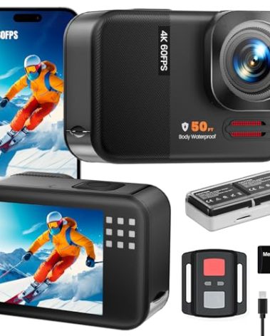 Euorosi 4K 60FPS 48MP WiFi Action Camera with Touch Screen, 50FT Underwater Waterproof Camera, No Case Needed, EIS Motorcycle Camera, 8X Zoom, 64GB Card, Remote Control, Batteries & Mounting Kits