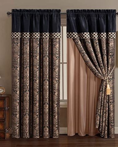 Chezmoi Collection Lisbon 4-Piece Jacquard Floral Window Curtain Set, Sheer Backing, Tassels, Valance, Black/Gold