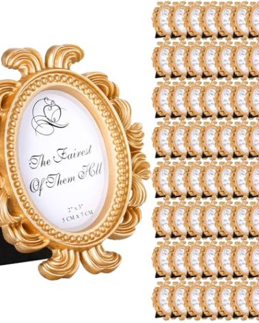 Vicenpal 80 Pieces Small Vintage Picture Frames Antique Baroque Mini Picture Frames Oval Bulk Wallet Size for Wedding Victorian Home Christmas Holiday Decor (Gold)