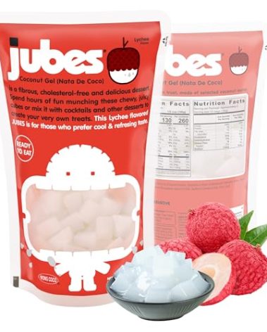 Jubes Lychee Coconut Jelly/NATA de Coco Flavor, 12.7 oz – Coconut Jelly Cubes for sago, Lychee Topping for Bubble Tea, Drinks, Desserts, Yogurt, ice Cream